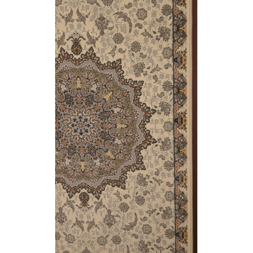 1572 - An ivory ground fine woven iranian runner, embossed floral medallion design, 300cm x 80cm