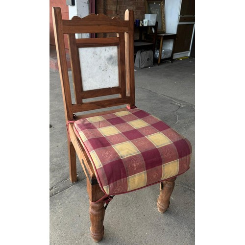 197 - An eastern hardwood and marble topped dining table and chairs