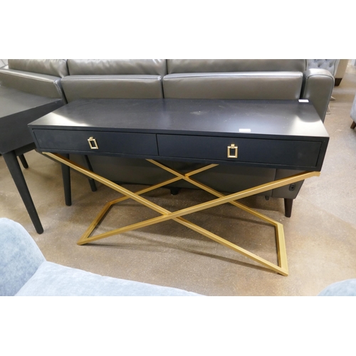 1503 - A black two drawer console table with gold legs