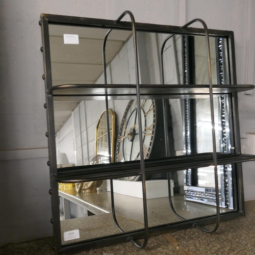 1518 - A black industrial style mirror with shelves