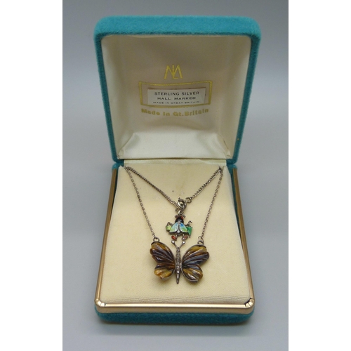 1002 - A silver set carved cats eye butterfly pendant and an enamelled insect charm on a silver bracelet