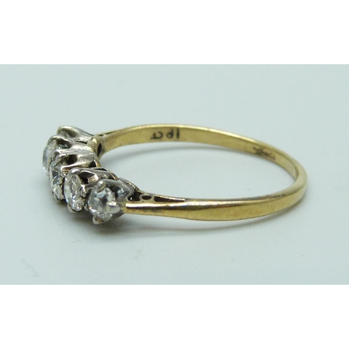 1008 - An 18ct gold, five stone diamond ring, approximately 0.70ct diamond weight, 2g, P