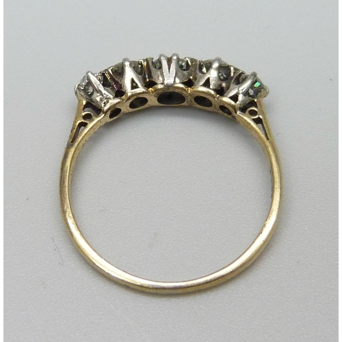 1008 - An 18ct gold, five stone diamond ring, approximately 0.70ct diamond weight, 2g, P