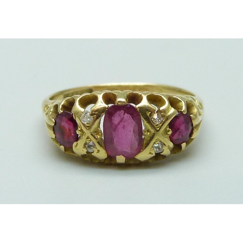 1013 - An 18ct gold, ruby and diamond ring, Birmingham 1906, 3.5g, L