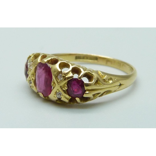 1013 - An 18ct gold, ruby and diamond ring, Birmingham 1906, 3.5g, L