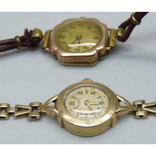 1018 - A lady's 9ct gold cased wristwatch with 9ct gold bracelet, weight without movement 9.4g, and one oth... 