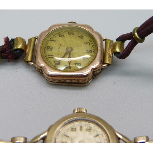 1018 - A lady's 9ct gold cased wristwatch with 9ct gold bracelet, weight without movement 9.4g, and one oth... 