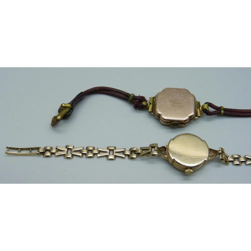 1018 - A lady's 9ct gold cased wristwatch with 9ct gold bracelet, weight without movement 9.4g, and one oth... 