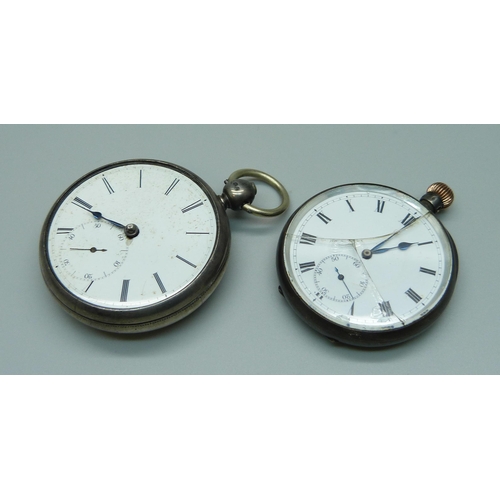 1032 - Two silver pocket watches; a fusee with diamond end stone and a spring drive, a/f