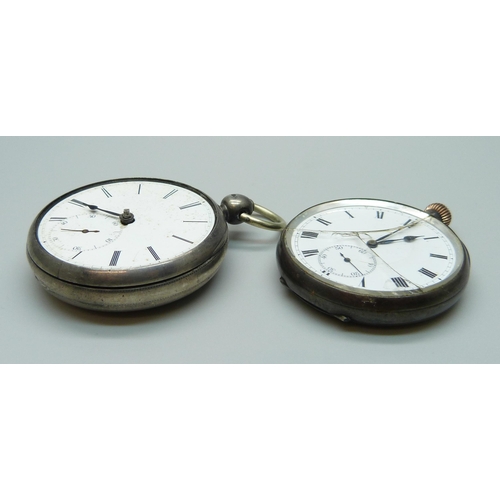 1032 - Two silver pocket watches; a fusee with diamond end stone and a spring drive, a/f