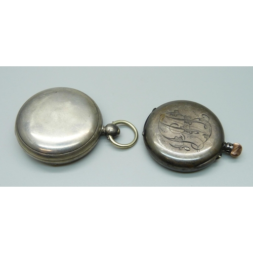 1032 - Two silver pocket watches; a fusee with diamond end stone and a spring drive, a/f