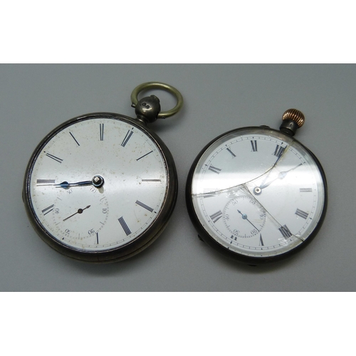 1032 - Two silver pocket watches; a fusee with diamond end stone and a spring drive, a/f