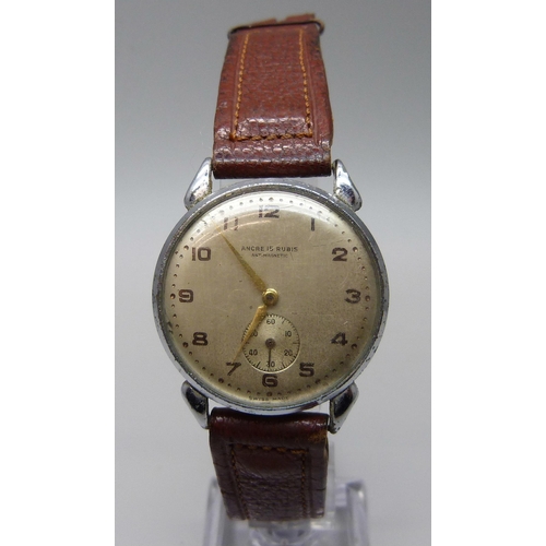 1033 - A gentleman's 1940s Ancre 15 Rubis wristwatch with teardrop lugs, lacking crown, strap a/f, 32mm cas... 