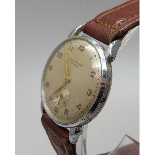 1033 - A gentleman's 1940s Ancre 15 Rubis wristwatch with teardrop lugs, lacking crown, strap a/f, 32mm cas... 