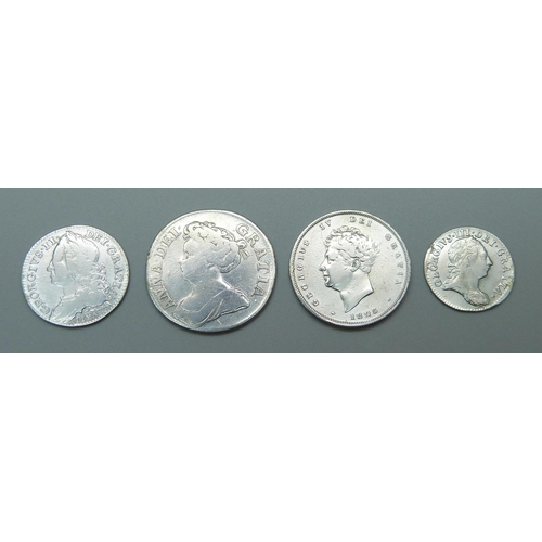 1043 - Four silver coins, including Queen Anne and George II