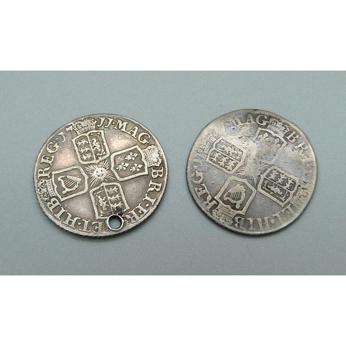 1047 - Two Queen Anne sixpence coins, one drilled