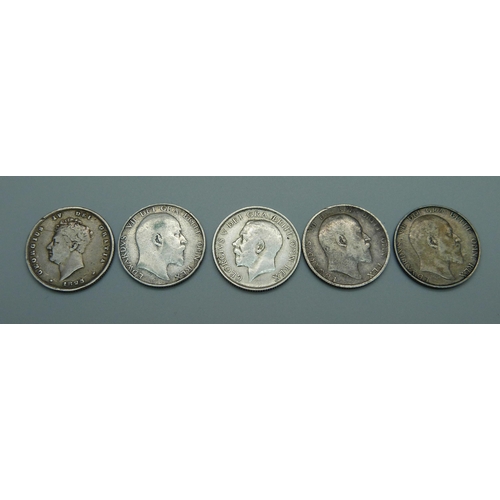 1048 - Five silver shillings including George IV 1825, also 1909, 1914 and 2x 1906