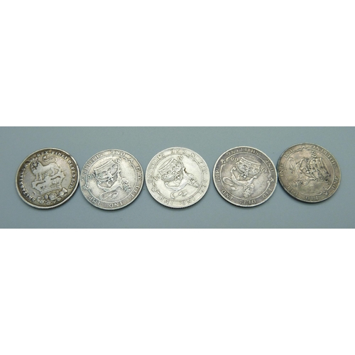 1048 - Five silver shillings including George IV 1825, also 1909, 1914 and 2x 1906