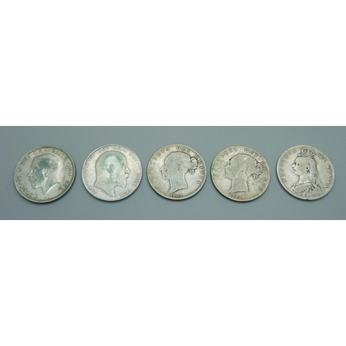 1053 - Five silver half-crowns, 1881, 1883, 1889, 1910 and 1916