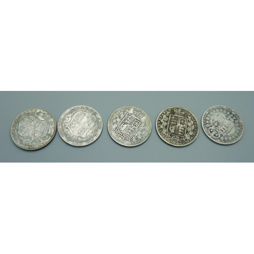 1053 - Five silver half-crowns, 1881, 1883, 1889, 1910 and 1916