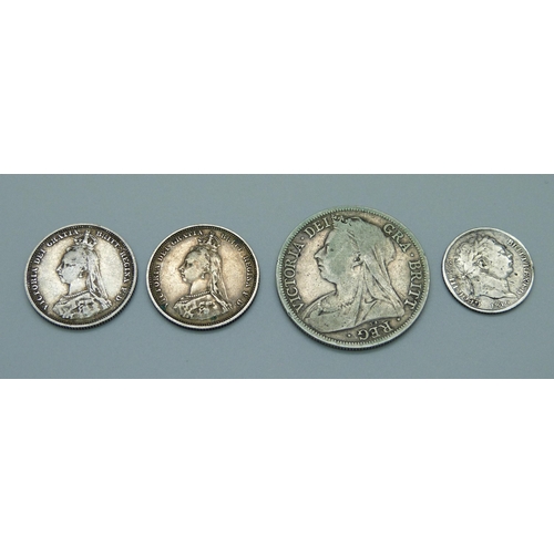 1055 - Four 19th Century silver coins including a George III sixpence, 1816