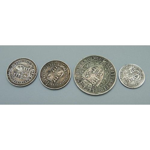 1055 - Four 19th Century silver coins including a George III sixpence, 1816