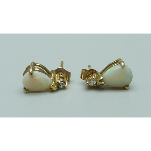 1071 - A pair of 9ct gold, opal and diamond earrings, 1g