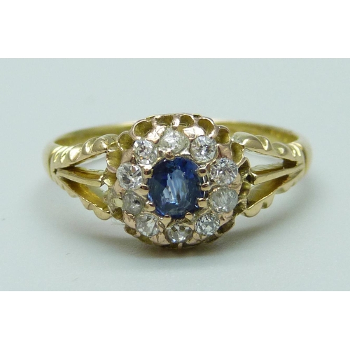 1075 - A Victorian 18ct gold, sapphire and diamond ring, 2.4g, L