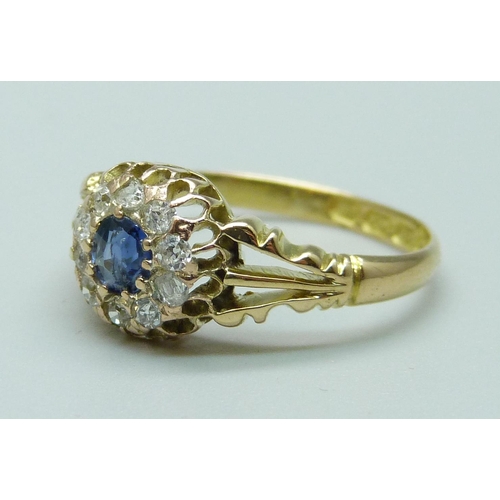 1075 - A Victorian 18ct gold, sapphire and diamond ring, 2.4g, L