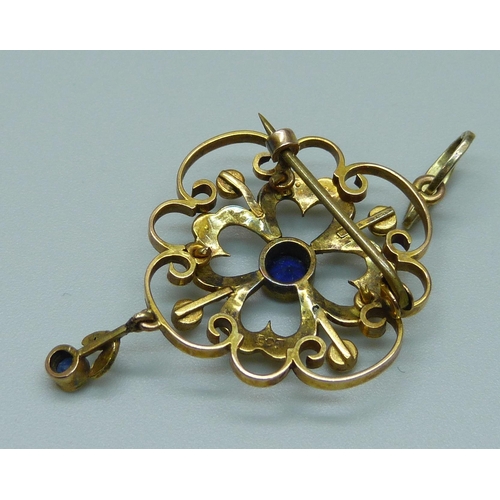 1081 - A 9ct gold brooch/pendant set with a blue stone and pearls, 4.2g