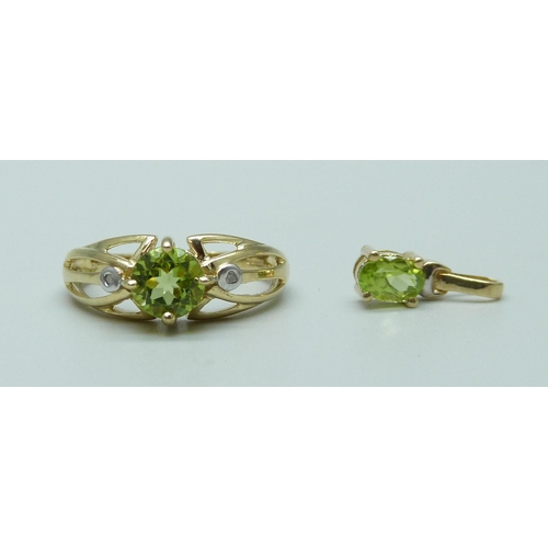 1084 - A 9ct gold ring set with peridot and diamonds and a 9ct gold pendant set with peridot, 3.3g, ring si... 