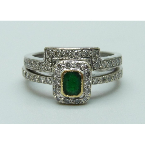 1088 - An 18ct white gold, diamond and emerald ring and a bespoke 18ct white gold and diamond ring, 6.6g gr... 