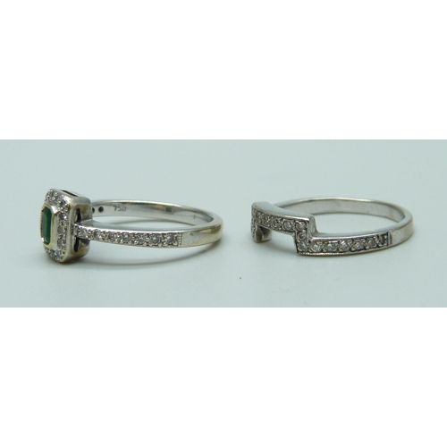 1088 - An 18ct white gold, diamond and emerald ring and a bespoke 18ct white gold and diamond ring, 6.6g gr... 