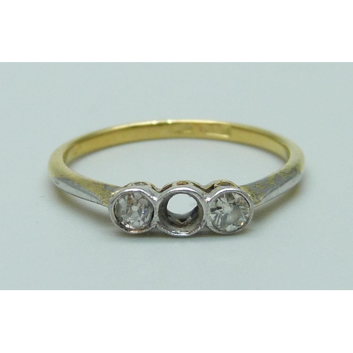 1097 - An 18ct gold and diamond ring, lacking centre stone, 2g, O