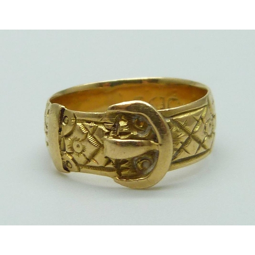 1103 - A late Victorian 18ct gold buckle ring, worn Chester mark, 4.8g, L/M