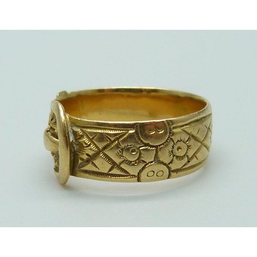 1103 - A late Victorian 18ct gold buckle ring, worn Chester mark, 4.8g, L/M