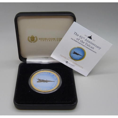 1109 - A 1oz solid gold proof commemorative coin, The 65th Anniversary of the Vulcan, 31.10g of 9ct gold, p... 