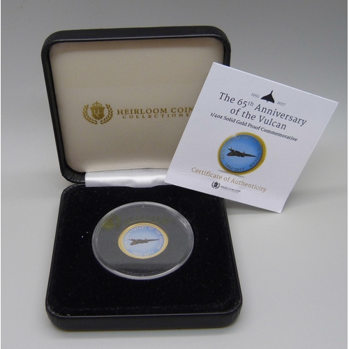 1110 - A ¼oz. solid gold proof commemorative coin, the 65th Anniversary of the Vulcan, 7.78g of 9ct gold, p... 