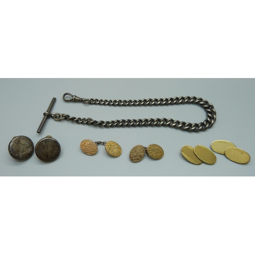 1125 - A silver Albert chain, 42g, 30cm, two pairs of  cufflinks and and two buttons