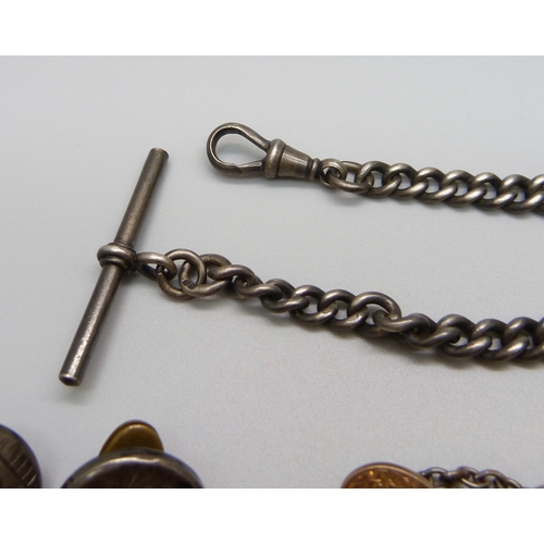 1125 - A silver Albert chain, 42g, 30cm, two pairs of  cufflinks and and two buttons