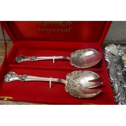 1130 - A collection of chromed and plated trays, cutlery, two bowls, drinks set, etc. **PLEASE NOTE THIS LO... 