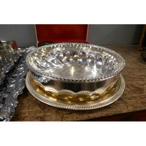 1130 - A collection of chromed and plated trays, cutlery, two bowls, drinks set, etc. **PLEASE NOTE THIS LO... 