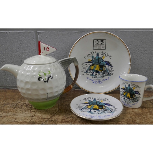 1134 - Two Crown Ducal pottery moon landing plates and a Tony Wood golf teapot **PLEASE NOTE THIS LOT IS NO... 