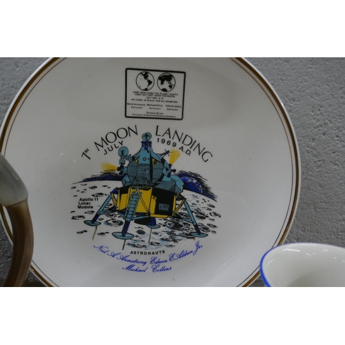 1134 - Two Crown Ducal pottery moon landing plates and a Tony Wood golf teapot **PLEASE NOTE THIS LOT IS NO... 