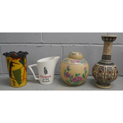 1158 - Four items of pottery; a lidded vase, two other vases and a Wade Dewar's Whisky water jug **PLEASE N... 