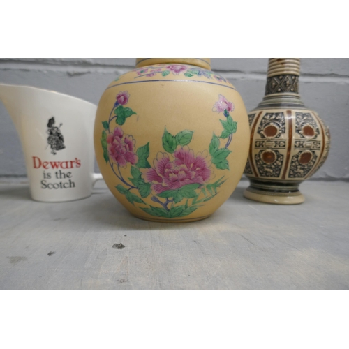 1158 - Four items of pottery; a lidded vase, two other vases and a Wade Dewar's Whisky water jug **PLEASE N... 