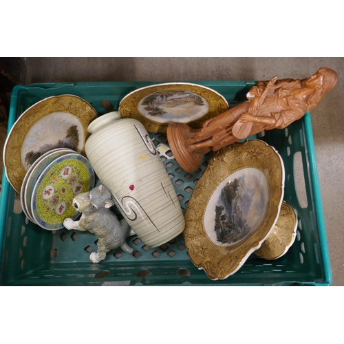 1193 - Three sets of three lawn bowls and a box of assorted items, Chinese plates, metal dog door stop, tra... 