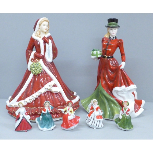 607 - Two Royal Doulton Christmas lady figures; Christmas Day 2006 and Christmas Day 2011, together with f... 