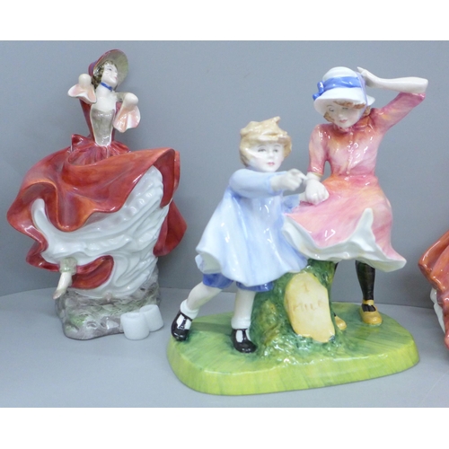 608 - Five Royal Doulton figures; Cheryl, Meg, Karen, Autumn Breeze and Milestone, boxed