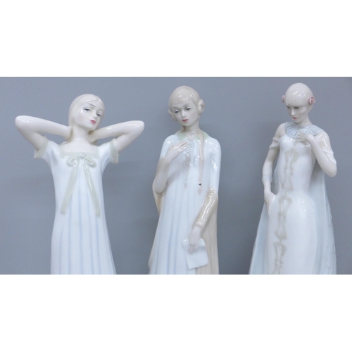 611 - Three Royal Doulton Reflections figures; The Love Letter, Daybreak and Debut